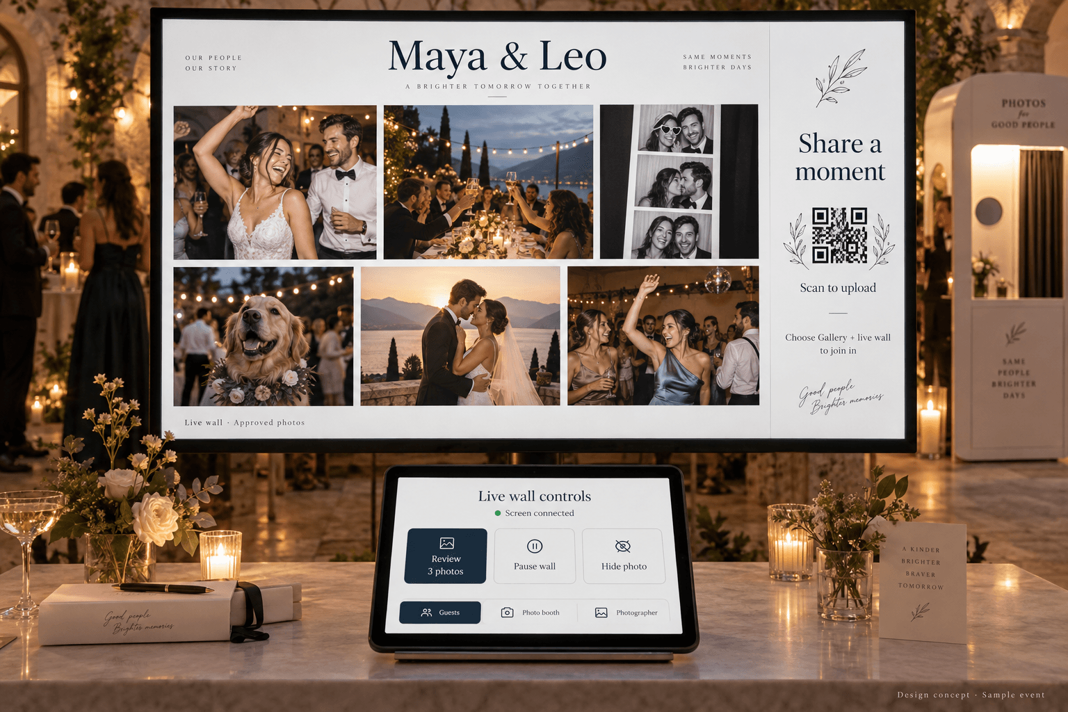 A wedding photo wall showing guests’ photographs together on a large screen.